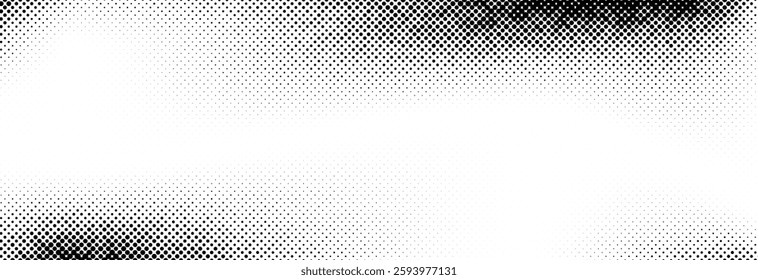 Dotted halftone texture background. Black and white pop art gradient overlay. Vanishing grunge gritty noise wallpaper. Weathered pixelated raster comic backdrop. Vector bitmap fading subtle surface