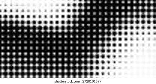 Fondo de textura de semitono punteado. Superposición de degradado de arte pop en blanco y negro. Fondo de pantalla gritty ruidoso de grunge que se desvanece. Telón de fondo de cómic pixelado erosionado. Superficie de desvanecimiento sutil de mapa de bits de Vector