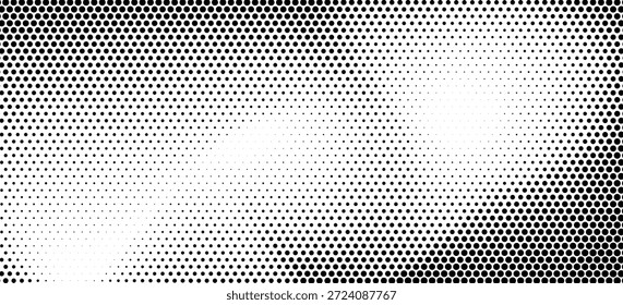 Plano de fundo de textura de meio-tom pontilhado. Sobreposição de gradiente de pop art em preto e branco. Papel de parede de ruído de grunge desvanecendo. O pano de fundo dos quadrinhos pixelados. Superfície de fuga sutil do bitmap de vetor