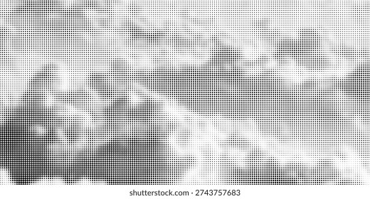 Dotted halftone texture background. Black and white pop art gradient overlay. Fading grunge gritty noise wallpaper. Weathered pixelated comic backdrop. Vector bitmap subtle vanishing surface