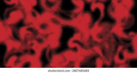 Dotted halftone texture background. Black and red pop art gradient overlay. Rough, fading grunge noise wallpaper. Distressed pixelated comic book background. Vector bitmap surface with a smooth fade-out effect.