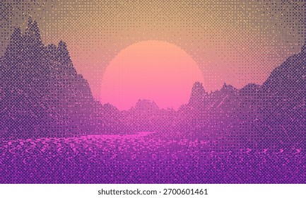 Plano de fundo de textura de meio-tom pontilhado. Sobreposição de gradiente de arte pop cyberpunk. Papel de parede de ruído de grunge desvanecendo. O pano de fundo dos quadrinhos pixelados. Vetor bitmap sutil sumindo superfície cartaz retro