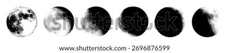 Dotted halftone texture moon phases. Black and white pop art gradient overlay. Fading grunge gritty noise wallpaper. Weathered pixelated Lunar Calendar. Vector bitmap subtle vanishing surface retro
