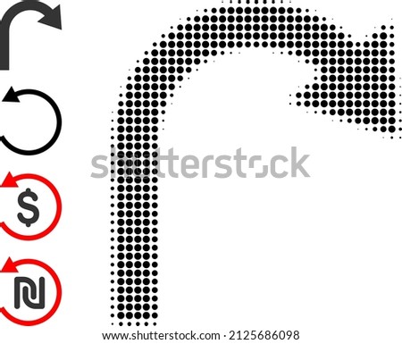 Dotted halftone turn back arrow icon, and original icons. Vector halftone concept of turn back arrow symbol done of spheric elements.