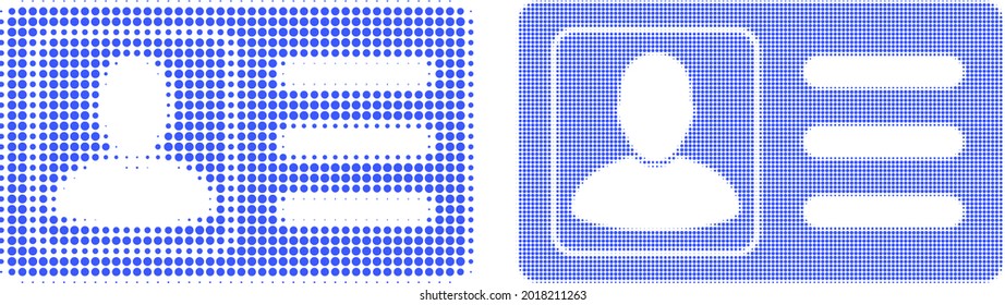 Halbzeitechner-Benutzerkontenkarte-Symbol gestrichen. Vektor-Halftone-Mosaik von Benutzerkonto-Karte Symbol aus sphärischen Punkten.