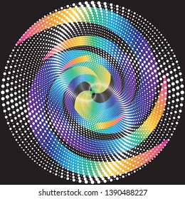 Dotted Halftone Vector Spiral Color Pattern or Texture. Stipple Dot Backgrounds with Black Circles