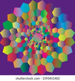 Dotted Halftone Vector Spiral Color Pattern or Texture. Stipple Dot Backgrounds with hexagons