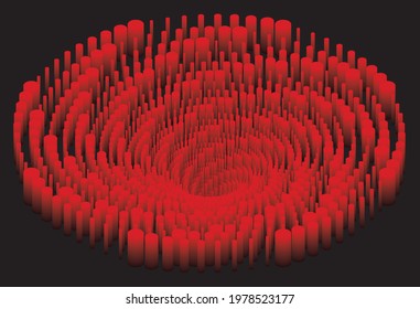 Dotted Halftone Vector Spiral Pattern or Design Element. Stipple Dot Background of red cylinders