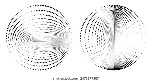 Dotted Halftone Vector Spiral Pattern or Texture. Stipple Dot Backgrounds with Black Circles