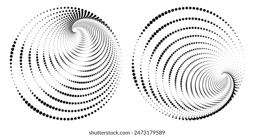 Dotted Halftone Vector Spiral Pattern or Texture. Stipple Dot Backgrounds with Black Circles