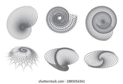Dotted Halftone Vector Spiral Patterns set. Stipple Dot Backgrounds with Triangles
