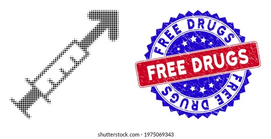 Dotted halftone vector vaccine icon, and Free Drugs rough stamp imitation. Free Drugs seal uses bicolor rosette form, red and blue colors.