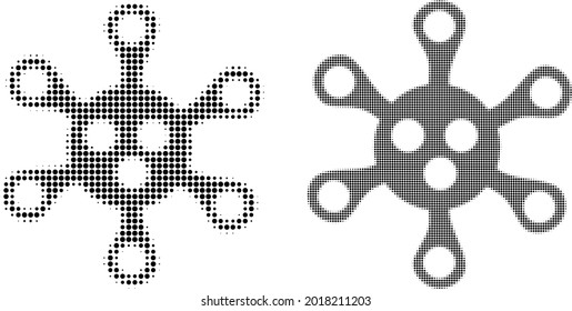 Dotted halftone virus icon. Vector halftone collage of virus icon combined of spheric pixels.