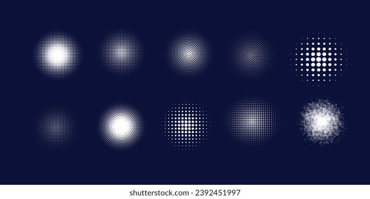 Dotted halftone waves. Abstract liquid shapes, wave effect dotted gradient texture waves isolated vector symbols set. Halftone graphic dots waves. Wave dotted halftone shape abstract black background 