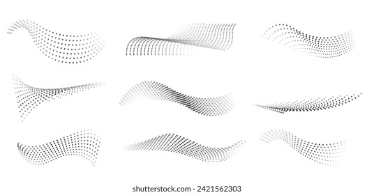 Dotted halftone waves. Abstract liquid shapes, wave effect dotted gradient texture waves isolated vector symbols set. Halftone graphic dots waves. Wave dotted halftone, creative shape abstract