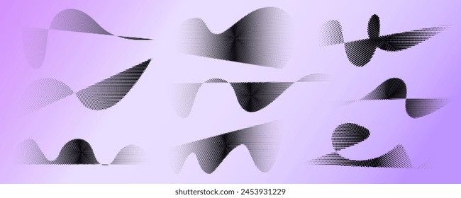 Gepunktete Halbtonwellen. Abstrakte flüssige Formen, punktierte Welleneffekt-Gradienten-Textur-Wellen gesetzt. Rastergrafik.