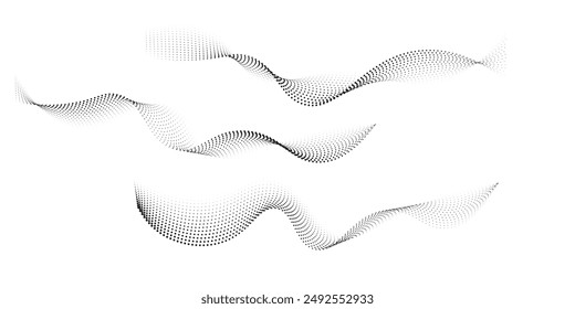 Dotted halftone waves. Abstract liquid shapes, wave effect dotted gradient texture waves isolated vector symbols set. Halftone graphic dots waves. Wave dotted halftone, creative shape abstract vector