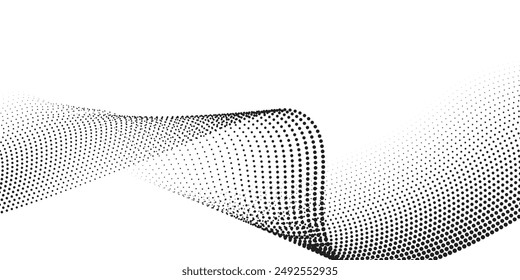 Dotted halftone waves. Abstract liquid shapes, wave effect dotted gradient texture waves isolated vector symbols set. Halftone graphic dots waves. Wave dotted halftone, creative shape abstract vector