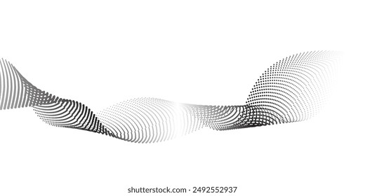 Dotted halftone waves. Abstract liquid shapes, wave effect dotted gradient texture waves isolated vector symbols set. Halftone graphic dots waves. Wave dotted halftone, creative shape abstract vector