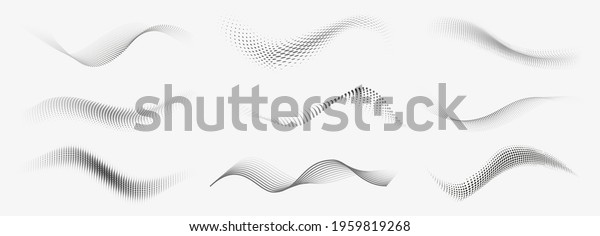 Dotted halftone waves. Abstract liquid shapes,\
wave effect dotted gradient texture waves isolated vector symbols\
set. Halftone graphic dots waves. Wave dotted halftone, creative\
shape abstract