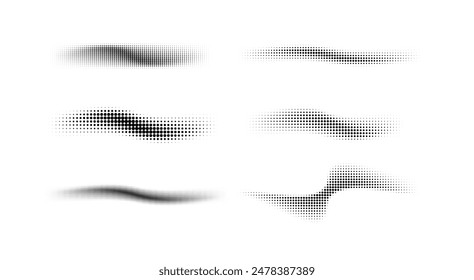 Ondas de medio tono punteadas. Formas Abstractas, gradiente punteado efecto onda. Ondas de puntos gráficos de semitonos. Onda de semitonos punteados. Vector