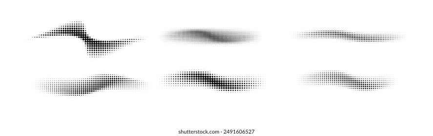 Dotted halftone waves. Abstract shapes, wave effect dotted gradient. Halftone graphic dots waves. Wave dotted halftone. Vector
