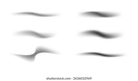 Ondas punteadas de medio tono. Formas Abstractas, efecto de onda, gradiente punteado. Ondas de puntos gráficos de semitono. Medio tono punteado ondulado. Vector