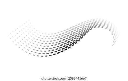 Dotted halftone waves. Flowing wavy lines pattern. Abstract liquid shapes, wave effect dotted gradient texture. Curve textures with halftone circular point isolated on white background