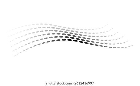 Dotted halftone waves. Flowing wavy lines pattern. Abstract liquid shapes, wave effect dotted gradient texture. Curve textures with halftone circular point isolated on white background