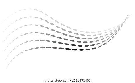 Dotted halftone waves. Flowing wavy lines pattern. Abstract liquid shapes, wave effect dotted gradient texture. Curve textures with halftone circular point isolated on white background