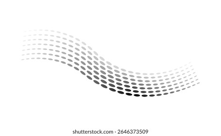 Dotted halftone waves. Flowing wavy lines pattern. Abstract liquid shapes, wave effect dotted gradient texture. Curve textures with halftone circular point isolated on white background