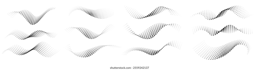 Dotted halftone waves set. Flowing wavy lines patterns. Abstract liquid shapes, wave effect dotted gradient textures. Curve textures with halftone circular point isolated on white background