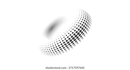 Punktierte Halbtonwellen. Verdrehte wellenförmige Linie mit punktierter Punktstruktur und Halbtongradientenwellenfluss. Vektorgrafik.