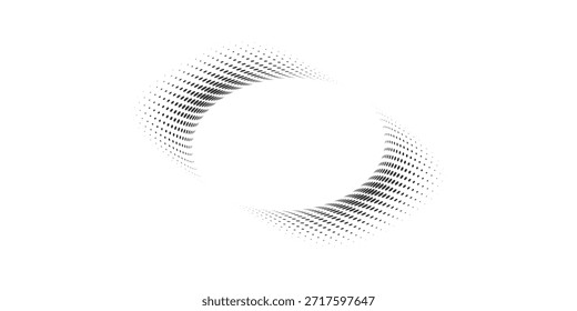 Punktierte Halbtonwellen. Verdrehte wellenförmige Linie mit punktierter Punktstruktur und Halbtongradientenwellenfluss. Vektorgrafik.