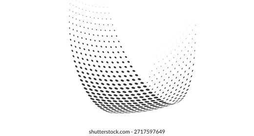 Punktierte Halbtonwellen. Verdrehte wellenförmige Linie mit punktierter Punktstruktur und Halbtongradientenwellenfluss. Vektorgrafik.