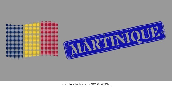 Tono de medio tono que ondea el ícono de la bandera de Chad, y sello rectangular sucio de Martinica. Concepto vectorial de medio tono del viento icono de la bandera de Chad combinado de elementos de círculo.