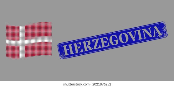 Dotted halftone waving Denmark flag icon, and Herzegovina dirty rectangle stamp. Vector halftone concept of windy Denmark flag icon organized of round elements.