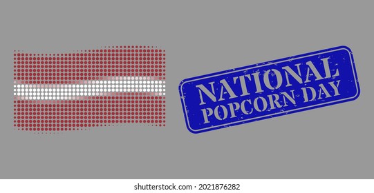 Dotted halftone waving Latvia flag icon, and National Popcorn Day dirty rectangle seal print. Vector halftone pattern of waving Latvia flag symbol composed of circle dots.