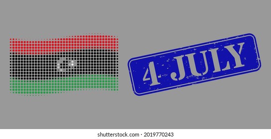 Dotted halftone waving Libya flag icon, and 4 July scratched rectangle stamp seal. Vector halftone mosaic of waving Libya flag icon made with circle elements.