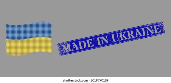 Dotted halftone waving Ukraine flag icon, and Made in Ukraine unclean rectangle stamp seal. Vector halftone pattern of windy Ukraine flag icon done from circle pixels.
