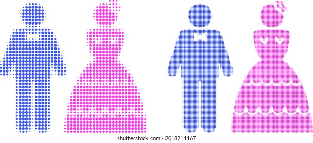Dotted halftone wedding pair icon. Vector halftone mosaic of wedding pair icon created of spheric points.