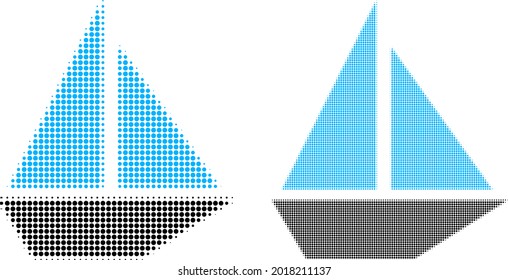 Dotted halftone yacht icon. Vector halftone concept of yacht symbol composed of circle pixels.