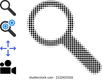 Dotted halftone zoom icon, and bonus icons. Vector halftone composition of zoom pictogram created of round pixels.