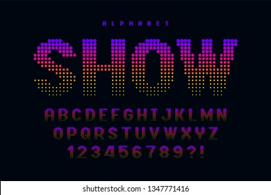 Dotted halftoned display font design, alphabet and numbers. Vector illustration
