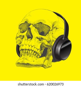 Dotted hand drawn vector skull with headphones. T-shirt design. Yellow background.