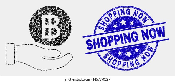 Dotted hand offer bitcoin mosaic pictogram and Shopping Now seal stamp. Blue vector rounded grunge stamp with Shopping Now message. Vector collage in flat style.
