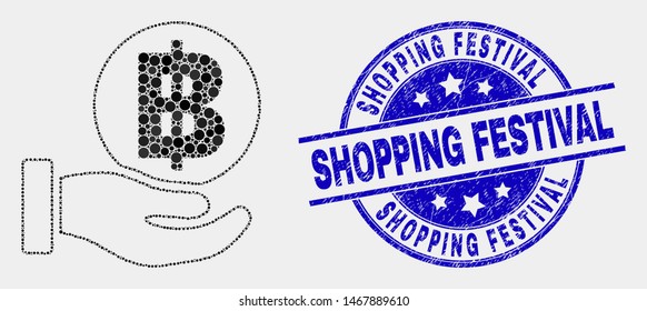 Dotted hand offer bitcoin mosaic pictogram and Shopping Festival seal stamp. Blue vector round distress seal stamp with Shopping Festival title. Vector combination in flat style.