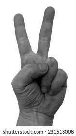 Dotted hand showing victory symbol, vector illustration.