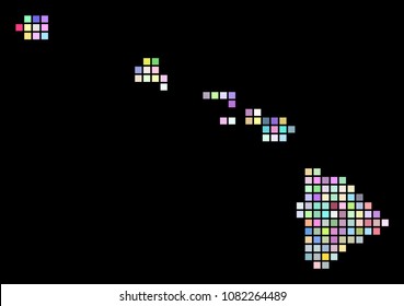 Dotted Havaii Islands Map. Vector geographic map in arbitrary colors on a black background. Vector composition of Havaii Islands Map made of regular small squares.