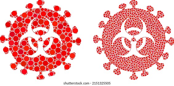 Dotted hazard virus icon. Mosaic hazard virus icon composed of spheric parts in various sizes and color tinges. Vector spheric items are combined into mosaic hazard virus icon.